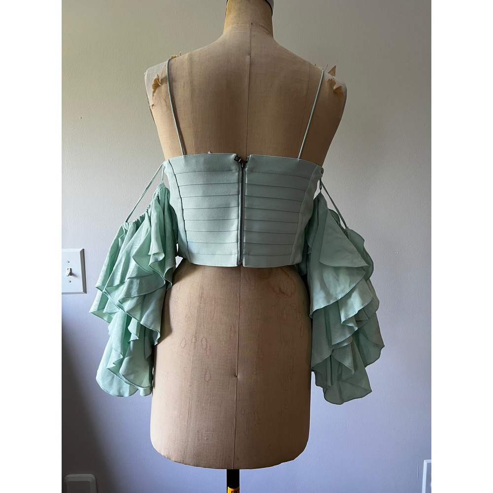Alice + Olivia Mint Ruffle Crop Top Cold Shoulder Romantic Coquette NWT Size 6 - Picture 2 of 4